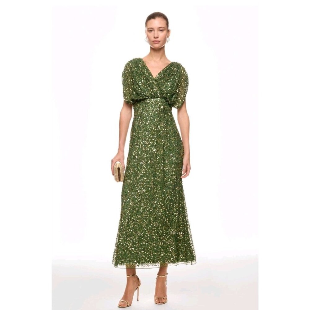 MAC DUGGAL Green Sequin Draped Dress, US size 2